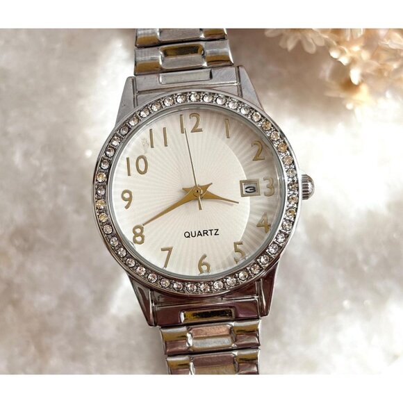 Silver Toned Rhinestone Vintage Stretch Ladies Vintage Wristwatch - 28mm WORKS! - Picture 1 of 10